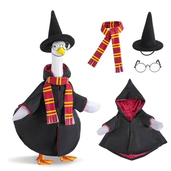 Homellea Wizard Porch Goose Outfit, Black Robe Costume with Witch Hat, Striped Scarf and Round Glasses for 23 Inch Goose Statue, Lawn Goose Clothes for Front Porch, Garden, Patio and Yard Decor