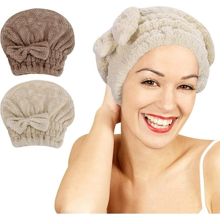 Homelove 2 Pack Microfiber Hair Drying Towels, Super Absorbent Turban Hair Towel Cap, Quick Dry Head wrap with Bow-Knot Shower Cap for for Curly, Long, Thick Hair & Wet Hair (Coffee & Brown)