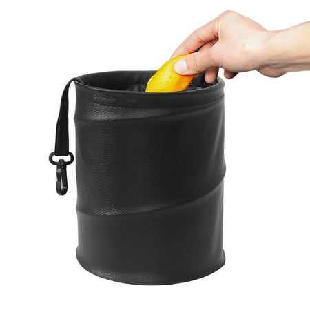 Homelove Car Trash Can, Collapsible Pop Up PU Leather Car Trash Bin, Leak-Proof Waterproof Portable Garbage Storage Bag Multifunctional Organizer Trash Can Bin with Hanging Elastic Strap Loop Black