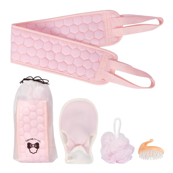 Homelove Exfoliating Back Scrubber for Shower,Bath Shower Scrubber Set,[4 Pack] with [Hair Scalp Massager Shampoo Brush] [Loofah Sponge] [Bath Glove] Deep Clean/Invigorate Skin/Relax Body,Pink