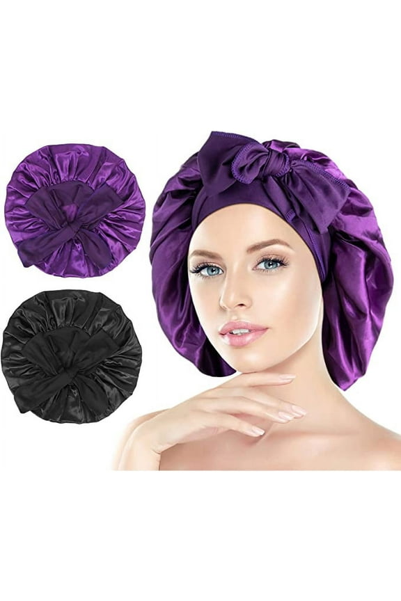 [Pack of 2 Satin Sleeping Bonnet, Large Satin Sleep Bonnet with Long Strap, Adjustable Sleep Cap Hair Bonnet for Women & Men, Black+Purple