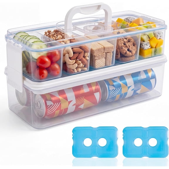 Homelove Snackle Box Container, Snack Organizer Divided Serving Tray with Ice-Pack, Lid and Handle, Double-layer Tray for Food and Drink, 5-Compartment Snack Platter for Travel Party Beach Picnic