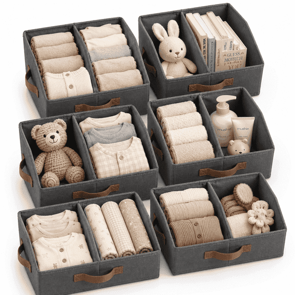 Homelux Theory 6 Pack Small Closet Storage Bins with Adjustable Divider, Trapezoid Collapsible Fabric Shelf Baskets, 16.5 x 11 x 7.5 Inches (Dark Gray)