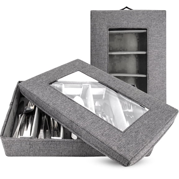 Homelux Theory Silverware Organizer with Lid, Hard Shell China Storage Container for Flatware, 5 Adjustable Compartments, Stackable (Dark Gray)