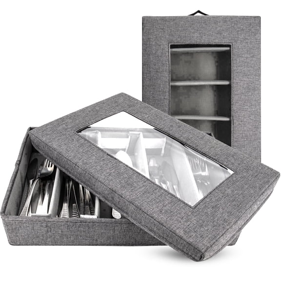 Silverware Organizer with Lid, Hard Shell China Storage Containers for Flatware Storage, Heavy Duty Silverware Storage Box for Packing Serving Utensils with 5 Dividers and Thick Surface (Dark Gray)