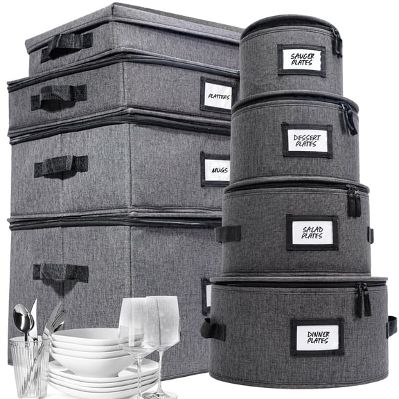 Homelux Theory 8pc Hard Shell China Storage Containers with Lids, Dinnerware Storage Set for Moving, Plate Mug Wine Glass & Flatware Boxes, Dark Gray