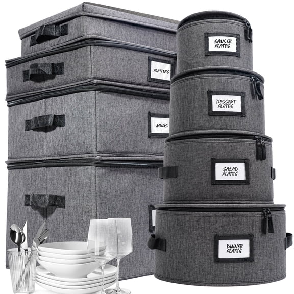 Homelux Theory 8-Piece Hard Shell China Storage Containers with Lids, Dinnerware Storage for Moving Plates, Mugs, Wine Glasses & Flatware (Dark Gray)