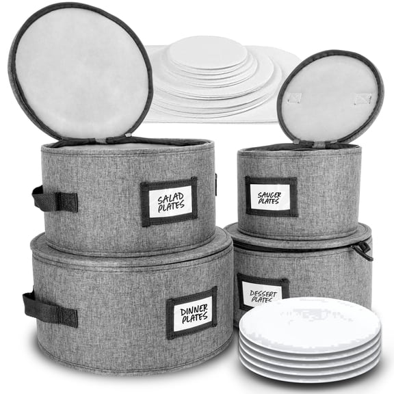 HOMELUX THEORY Hard Shell China Storage Containers for Dishes, 4pcs Plate Storage Containers with Lid, Heavy Duty Dish and Dinnerware Storage with 48 Felt Pads, Kitchen Organizers and Storage