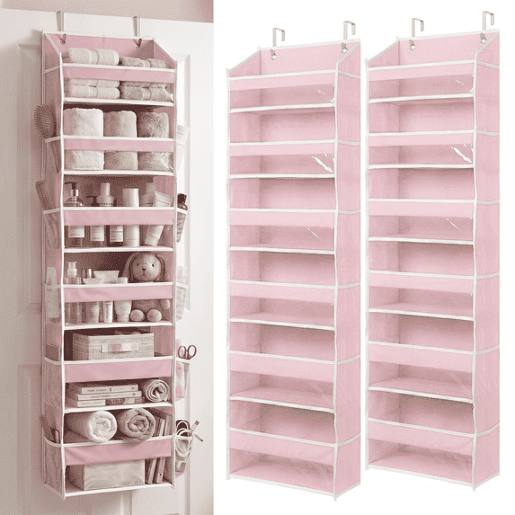 UPGRADED 6 Tiers Over The Door Organizer Hanging - 100D EXTRA THICK & 50lbs HUGE CAPACITY, 12 Side Mesh Pockets Over The Door Shoe Organizer, Hanging Closet Organizer (Baby Pink, 2pc)