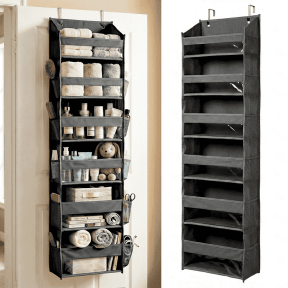 UPGRADED 6 Tiers Over The Door Organizer Hanging - 100D EXTRA THICK & 50lbs HUGE CAPACITY, 12 Side Mesh Pockets Over The Door Shoe Organizer, Hanging Closet Organizer (Dark Gray, 1pc)