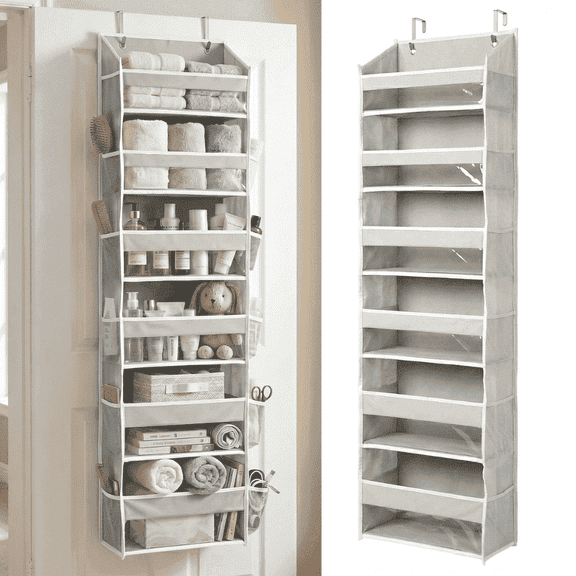 Homelux Theory Over the Door Organizer, 6 Large Front Pockets and 12 Mesh Side Pockets, 50 lb Heavy Duty Hanging Door Storage for Closet, Bathroom, Bedroom, Nursery (Light Gray)