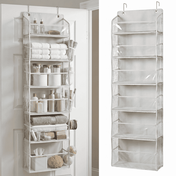 Homelux Theory Over the Door Organizer, 6 Large Front and 12 Mesh Side Pockets, 50 lb Capacity Hanging Storage for Closet, Bathroom (Transparent)