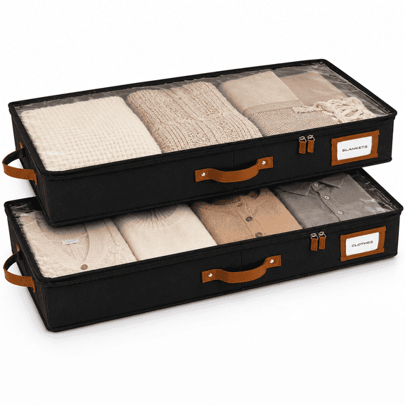 Homelux Theory 2 Pack Low Profile Under Bed Storage Containers with Lids, 4.5 Inch Underbed Organizer Bags, Clear Top, 3 Handles, 33 x 17 x 4.5 Inches (Black)