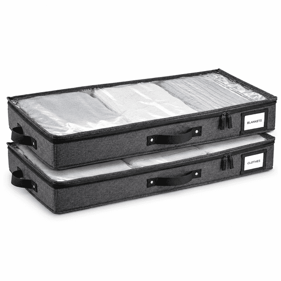 Homelux Theory 2 Pack Low Profile Under Bed Storage Containers with Lids, 4.5 Inch Underbed Organizer Bags, Clear Top, 3 Handles, 33 x 17 x 4.5 Inches (Dark Gray)
