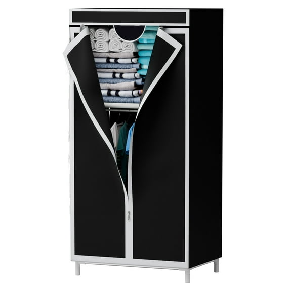 Homely-Hub 16mm Portable Durable Wardrobe with Hanging & Folding Sections, T-Zipper Design & Full-Cover Dustproof Cover for Bedroom, Apartment, Dorm, Black