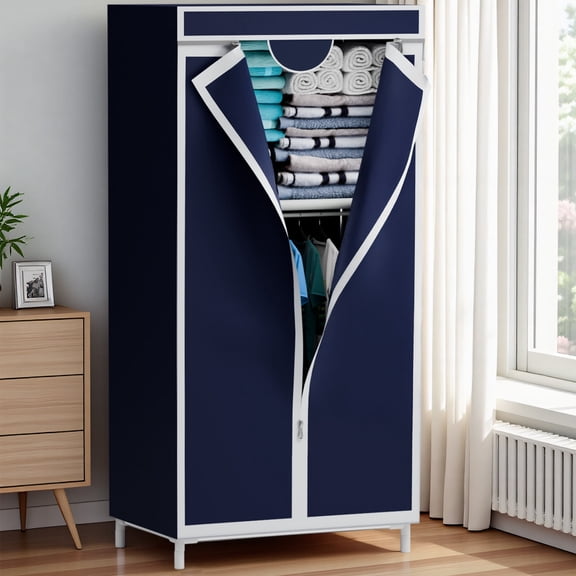 Homely-Hub 16mm Portable Wardrobe, T-Zipper Design with Hanging & Folding Sections Storage Organizer for Clothes, Dark Blue
