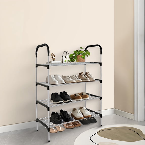 Homely-Hub 4-Tier Slim Shoe Rack, Compact Easy-Assembly Design Silver-Black, Space-Saving Shoe Shelf for Bathroom, Living Room, Dorm