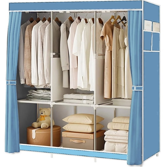 Homely-Hub 51-Inch Simple Portable Closet Wardrobe, 16mm Thick Pipe Clothing Storage Rack with Non-Woven Fabric Cover, 3 Hanging Rods, Suitable for Bedroom, Living Room, Sky Blue
