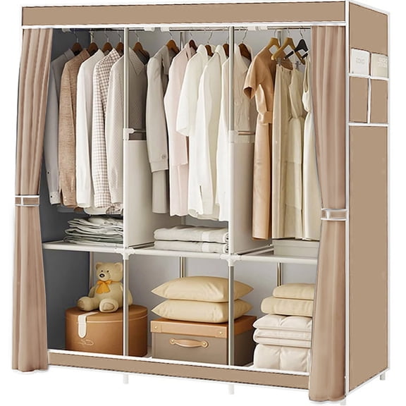 Homely-Hub 51-Inch Simple Portable Closet Wardrobe, 16mm Thick Pipe Clothing Storage Rack with Non-Woven Fabric Cover, 3 Hanging Rods, Suitable for Bedroom, Living Room, Beige