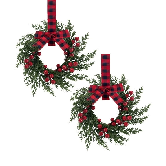 HomelyJoy 10 inch Mini Christmas Wreath for Kitchen Cabinet, Small Wreaths with Red Berry & Wine Bow, Farmhouse Holiday Decor for Xmas Party, Door, Window, Wall, Elegant Festive Decorations 2PCS