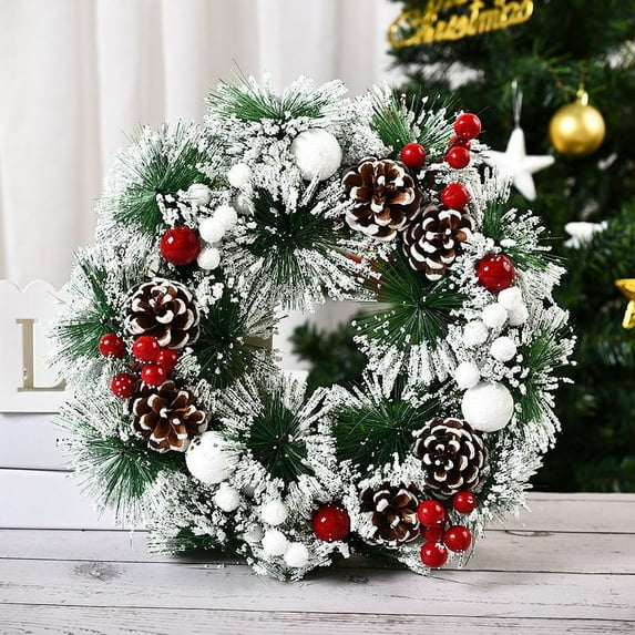 HomelyJoy 12in Outdoor Christmas Wreath Flocked with Berries, Elegant Rustic Front Door Decor, Weather-Resistant Holiday Wreath for Christmas Season