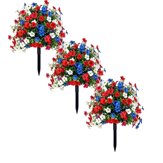 HomelyJoy 3 Pack Patriotic Artificial Flower Stakes, Red White and Blue Faux Floral Decor for Independence Day Yard and Garden Display