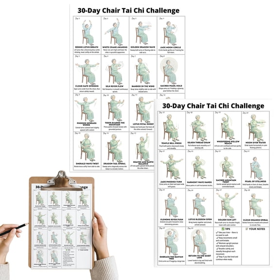 HomelyJoy 30 Day Tai Chi Chair Workout Chart, Seated Exercise Poster for Seniors, Beginner Fitness Routine for Balance and Mobility 2 Pack