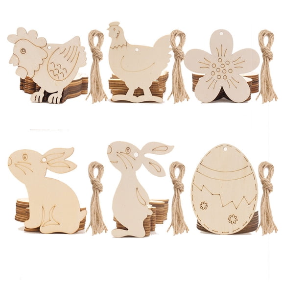 HomelyJoy 60PCS Easter Bunny Wooden Pendants Creative DIY Rabbit Crafts Ornaments for Home Tabletop Holiday Party Decorations