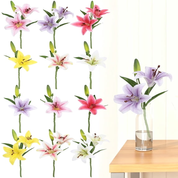 HomelyJoy Artificial Lily Stem, 13.78 Inch White Double Bloom Faux Lily for Wedding Floral Arrangements, Table Centerpiece and Elegant Home Decor