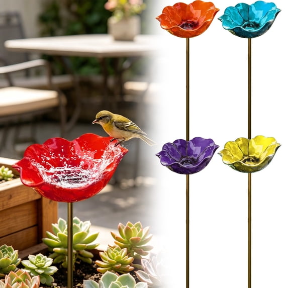 HomelyJoy Blue Flower Bird Feeder and Bird Bath Garden Stakes, Metal Flower Bees Watering Station Bowl, Decorative Wild Bird Feeding Basin for Lawn Backyard Decor, 23.6x5.9 In