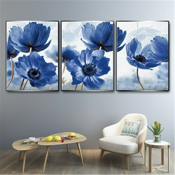 HomelyJoy Blue Flower Canvas Wall Art Trio, 3 Panels Modern Abstract Floral Paintings, Bedroom Pictures Wall Decor for Living Room, Bathroom & Office