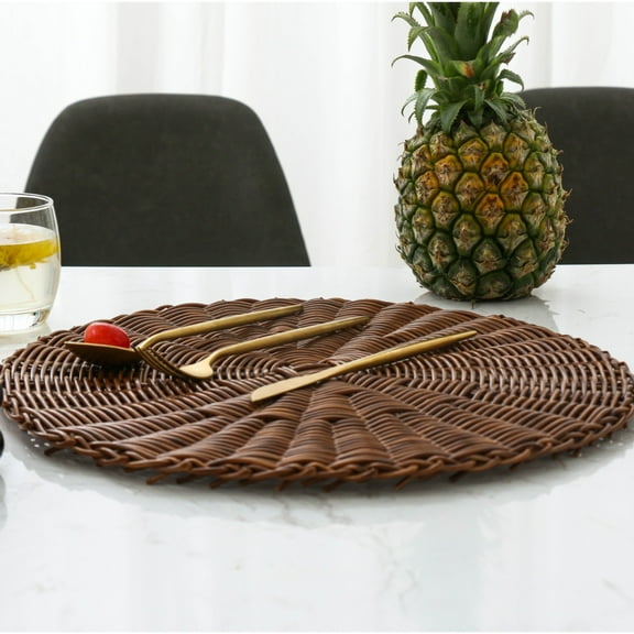 HomelyJoy Brown Imitation Rattan Woven Placemat 15 In, Round Wicker Heat Resistant Non Slip Table Mat, Rustic Farmhouse Braided Cup Coaster for Dining Room, 1 Pack