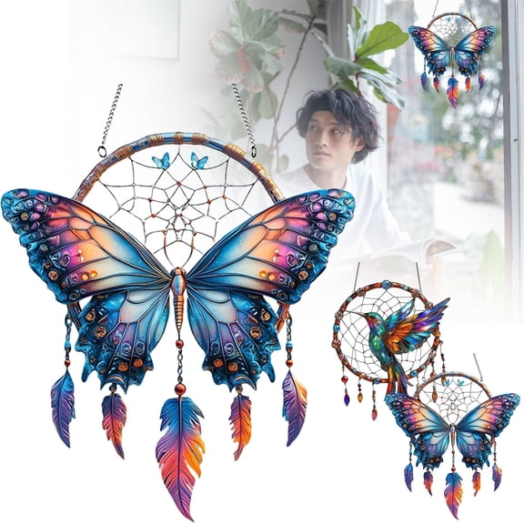 HomelyJoy Butterfly Suncatcher and Bird Decor, Acrylic Hanging Garden Suncatcher with Robin on Branch, Window Hanging Decoration for Home, Perfect Gift for Mom, Grandma, Women, Friend, Bird Lovers
