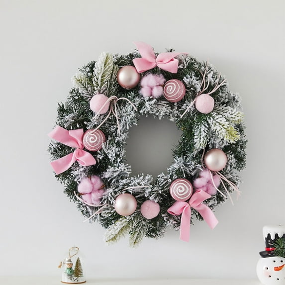 HomelyJoy Candy Cane Christmas Wreath for Front Door, 14 Inch Artificial Wreath with Pom-Poms, Red Bow & Berries, All-Weather Outdoor Holiday Decor for Home and Window