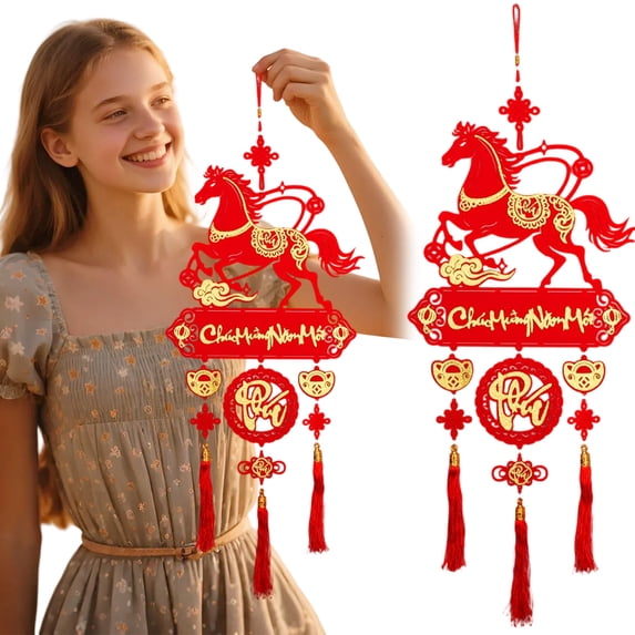 HomelyJoy Chinese New Year Hanging Decoration 1 Pack Year of the Horse 2026 Vertical Pendant with Fu Character Chinese Knot Design for Door Wall Window Lunar New Year Decor