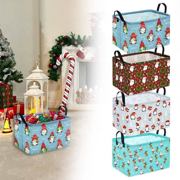 HomelyJoy Christmas Mint Green Foldable Storage Basket, Canvas Toy Bin Holiday Organizer with Leather Handle, Rectangular Desktop Snack Box for Christmas Decor Clutter Sorting, 12.9x9x7 Inch