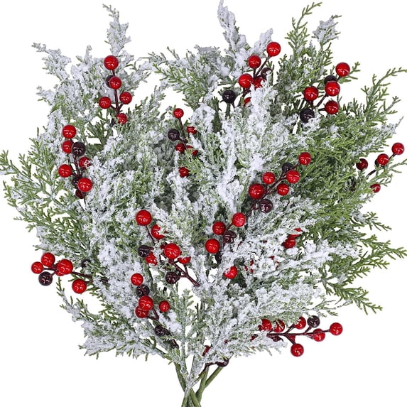 HomelyJoy Christmas Picks and Sprays Artificial Pine Needles Red Holly Berry Stems Frosted Snow Greenery Branch for Xmas Tree Wreath Garland Vase Filler Holiday Home Decor 1 pc