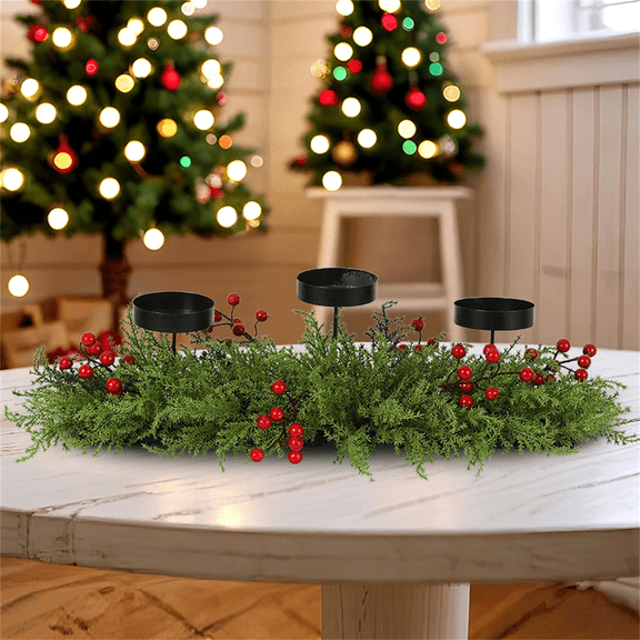 HomelyJoy Christmas Table Centerpiece with 3 Candle Holders, Festive Holiday Table Decor with Red Berries and Steel Base for Dining Table, Home, and Mantel