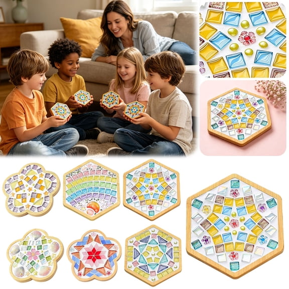 HomelyJoy Creative Kids Mosaic Craft Kit, DIY Coaster Making Set with Bamboo Base and Safe Glass Tiles for Boys, Handmade Educational Family Activity, 4.7x4.1 In