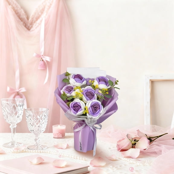 Homesteed Crochet Rose Bouquet Handmade Rose Bouquet Artificial Rose Bouquet Everlasting Rose Gift Hand Crocheted Bouquet-Shaped Custom Colors