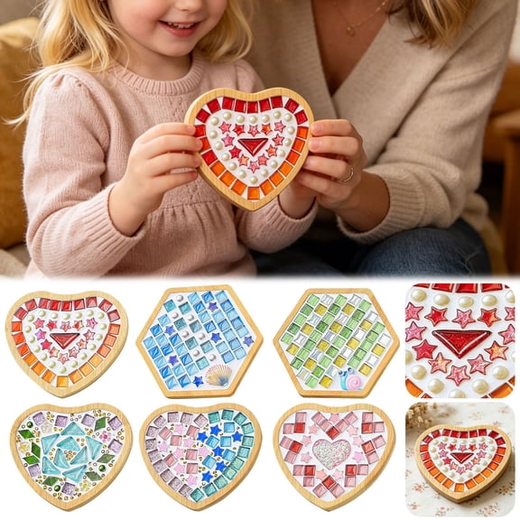 HomelyJoy DIY Mosaic Coaster Making Kit, Handmade Glass Tile Cup Mat Art and Craft Set with Bamboo Base for Adults Kids, Holiday Home Ornament Decor, 4.7x4.1 In