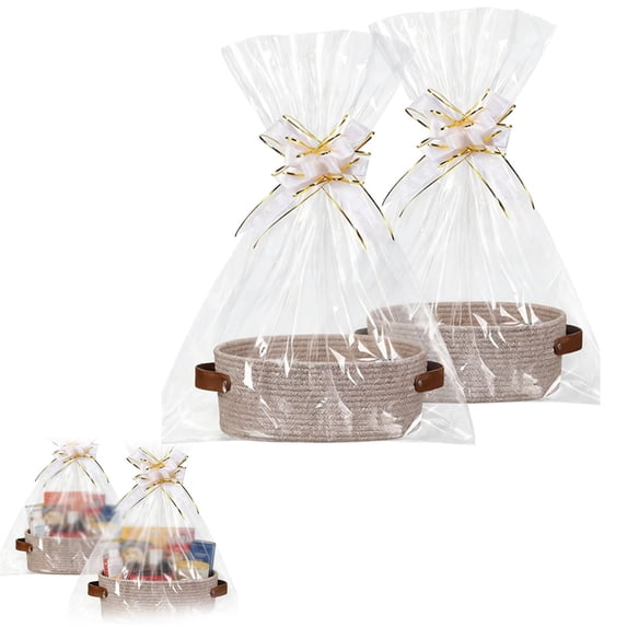 HomelyJoy Decorative Gift Basket Cotton Rope Oval Flat Basket with Leather Handles Empty Woven Storage Basket with Bag and Ribbons for Home Display 1 Pack 12 x 8 x 5 in