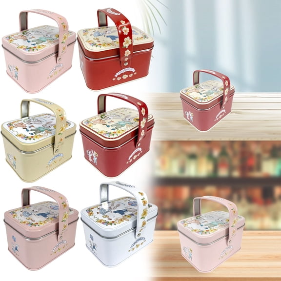 HomelyJoy Decorative Metal Tin Box, 2Pc Small Red Festive Bunny Cookie Tin with Handle, Portable Candy Container and Trinket Packaging Box for Holiday Party, 4x3x2.5 Inch