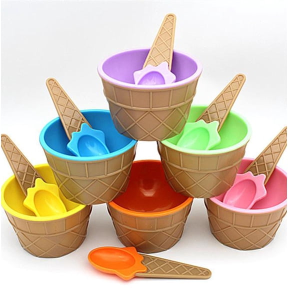 HomelyJoy Festive Green Ice Cream Bowls Cartoon Sundae Cups, Reusable Hard Plastic Dessert Bowl with Spoon Set, Cute Waffle Cone Design Kids Birthday Party Gift Bag, 1 Pack