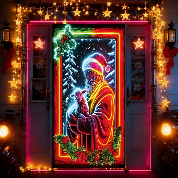 HomelyJoy Glow in Dark UV Activated Christmas Garage Door Cover 2D Flat Banner with Santa Elf Design for Outdoor Indoor Xmas Holiday Decoration