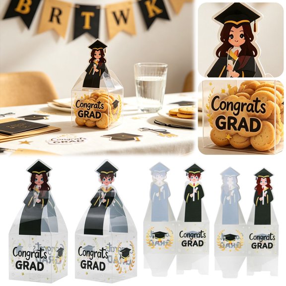 HomelyJoy Graduation Party Favors Candy Boxes, Transparent PVC Packaging Containers with Graduation Gown Pattern, Decorative Gift Box for Candies, 10 PC