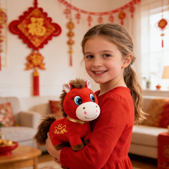 HomelyJoy Horse Plush Ornament 1 Pack Red Cartoon Pony Design Year of the Horse Lucky Mascot for Chinese New Year Home Display Decorative Plush 9.8 in