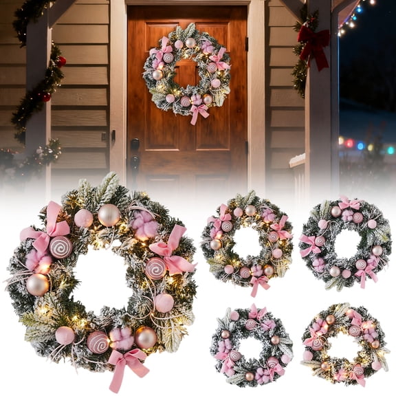 HomelyJoy Pastel Pink Christmas Wreath with Pom-Poms & Candy Canes, 14 Inch Frosted Pine Holiday Decor for Front Door, Indoor Outdoor Window Decor, All Year Round