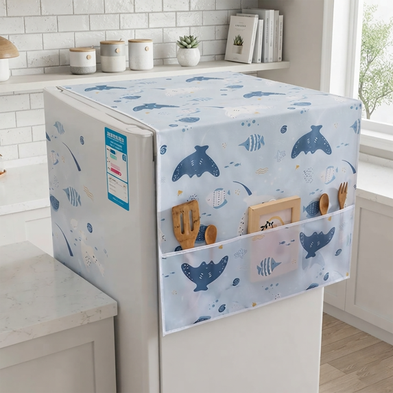 HomelyJoy Refrigerator Dust Cover Waterproof PEVA Fridge Cover Top with Side Storage Pockets, Washer Dryer Protective Cover for Kitchen Home, 1 pc