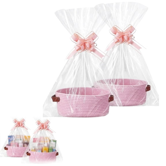 HomelyJoy Small Woven Storage Basket Cotton Rope Oval Decorative Basket with Leather Handles Gift Bag and Ribbons for Shelf Organizer Home Decor 1 Pack 12 x 8 x 5 in